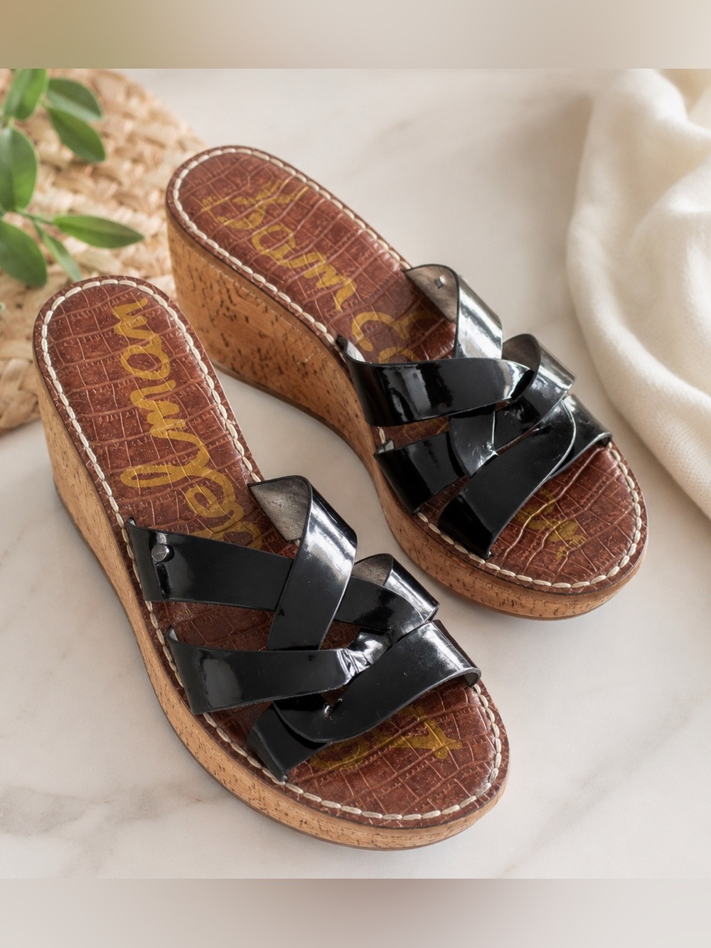 Sam Edelman Black Patent Cork Platform Slide Sandals Size 8.5